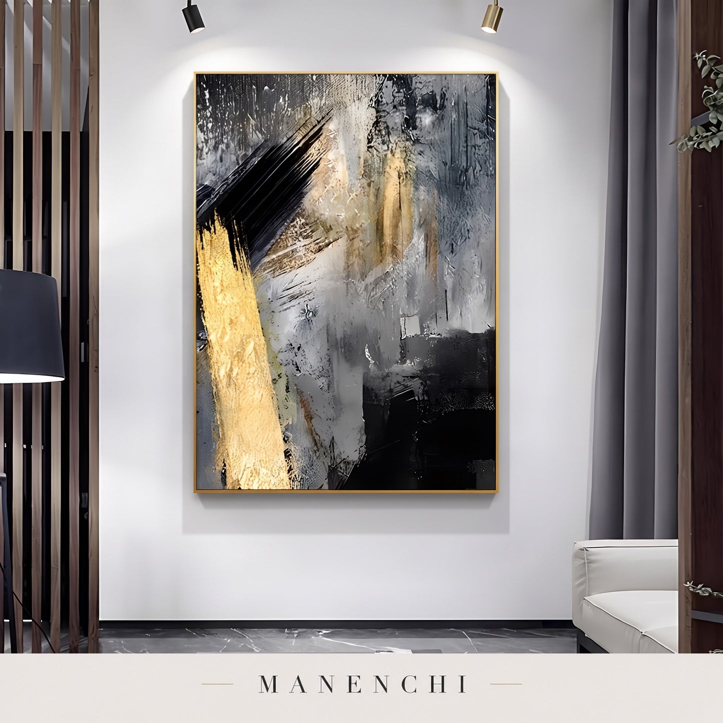 Gold Strike abstract painting displayed in a modern living room