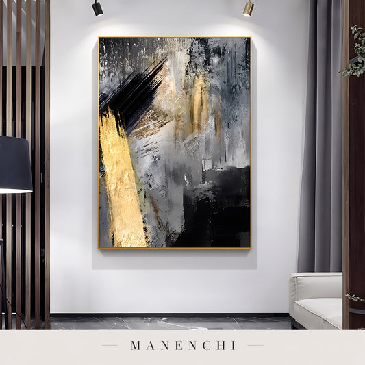 Gold Strike abstract painting displayed in a modern living room