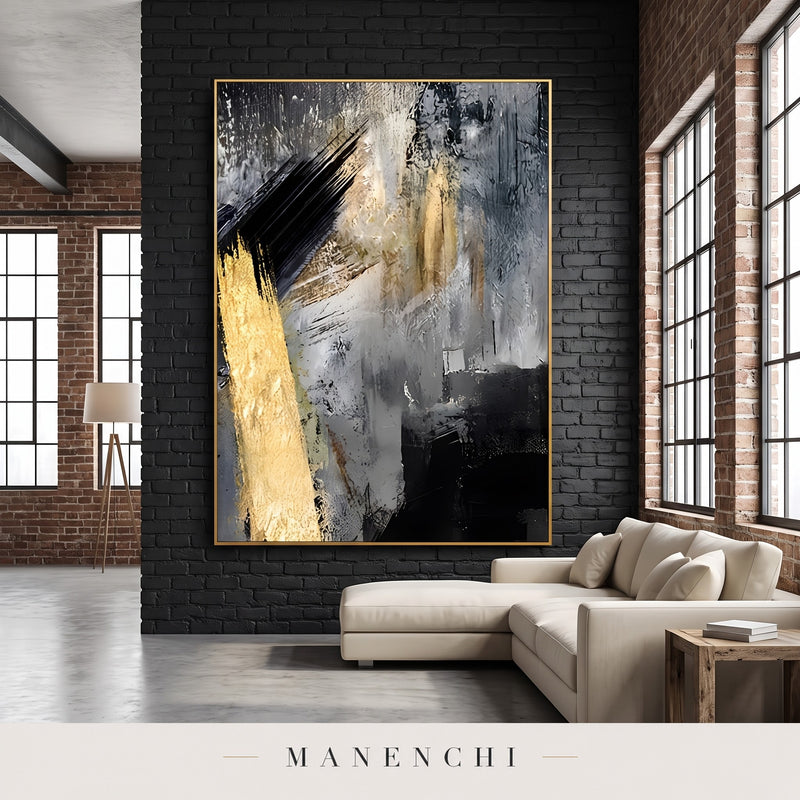 Gold Strike abstract painting displayed in a loft