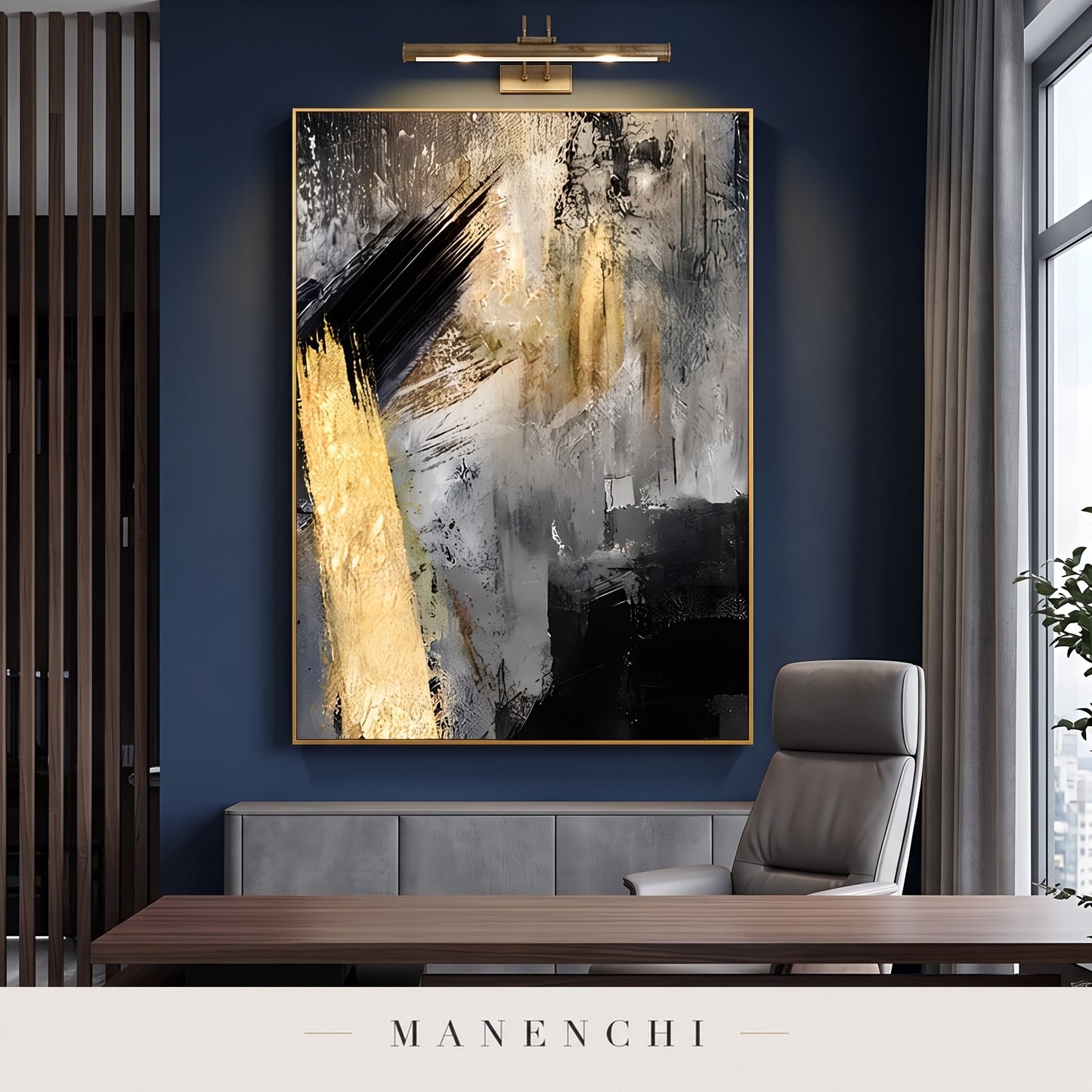 Gold Strike abstract painting displayed in a study