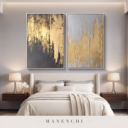 Golden Alchemy abstract painting displayed in a modern bedroom