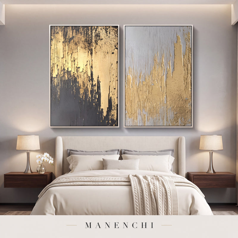 Golden Alchemy abstract painting displayed in a modern bedroom