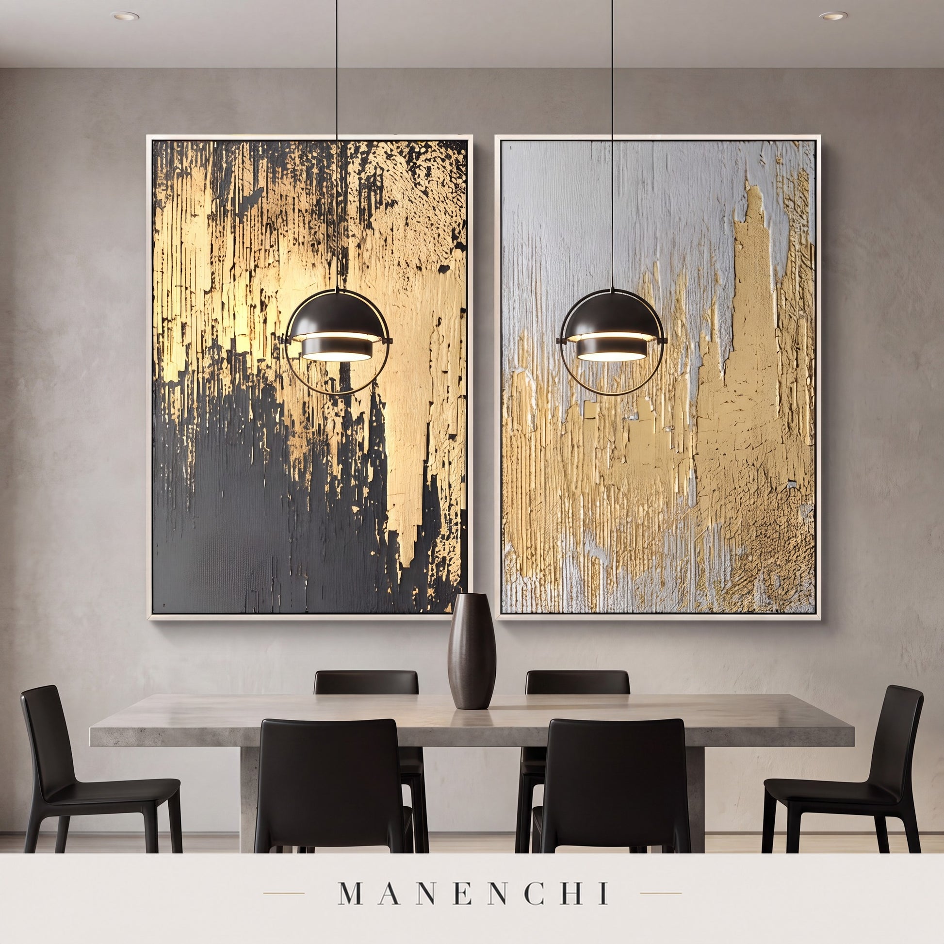Golden Alchemy abstract painting displayed in a dining room