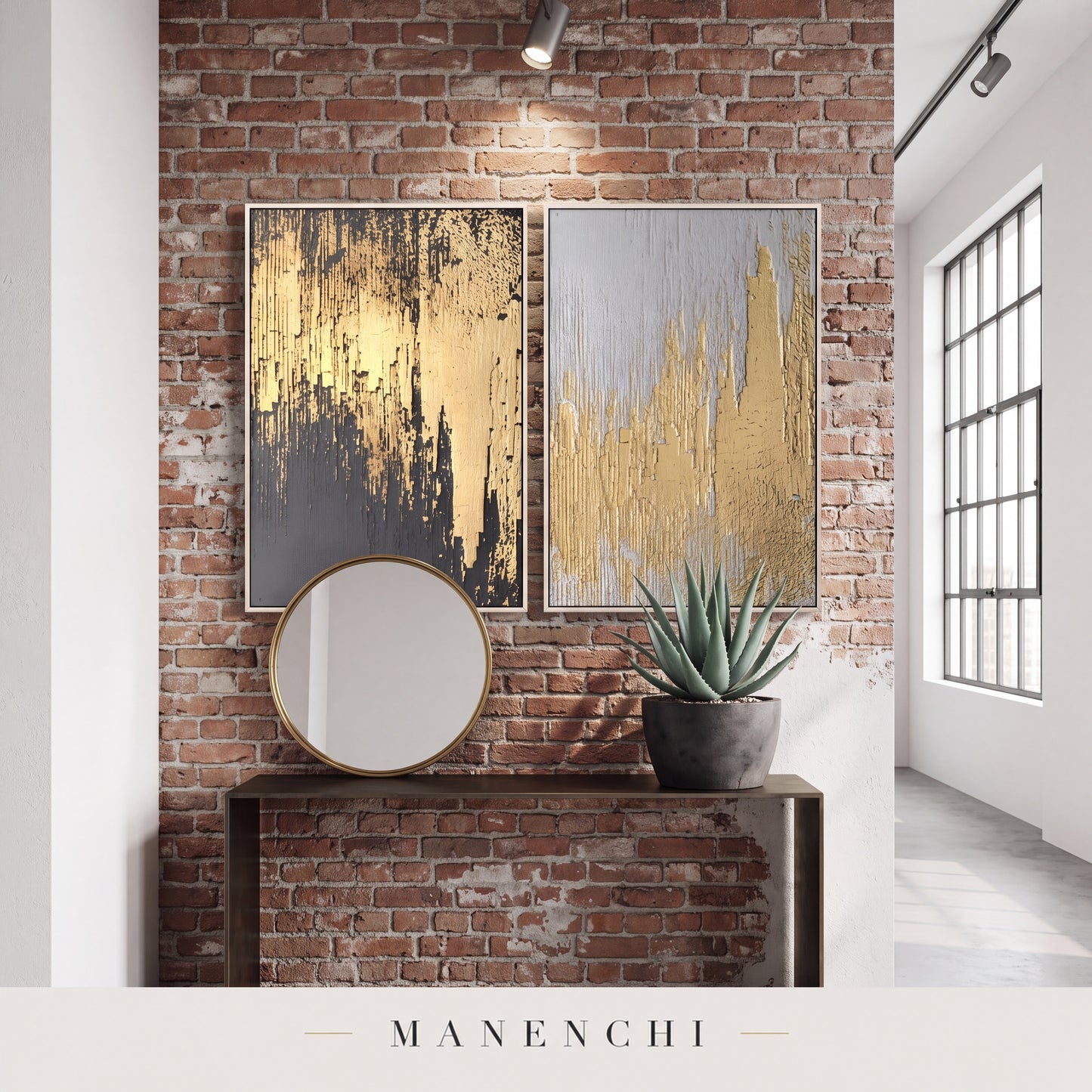 Golden Alchemy abstract painting displayed in a hallway