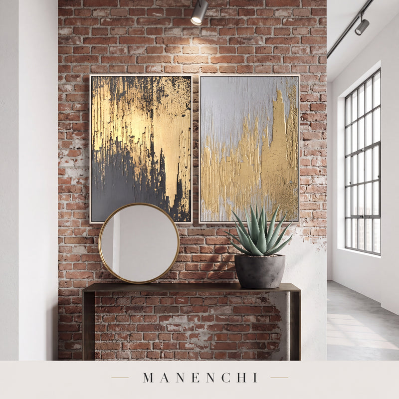 Golden Alchemy abstract painting displayed in a hallway