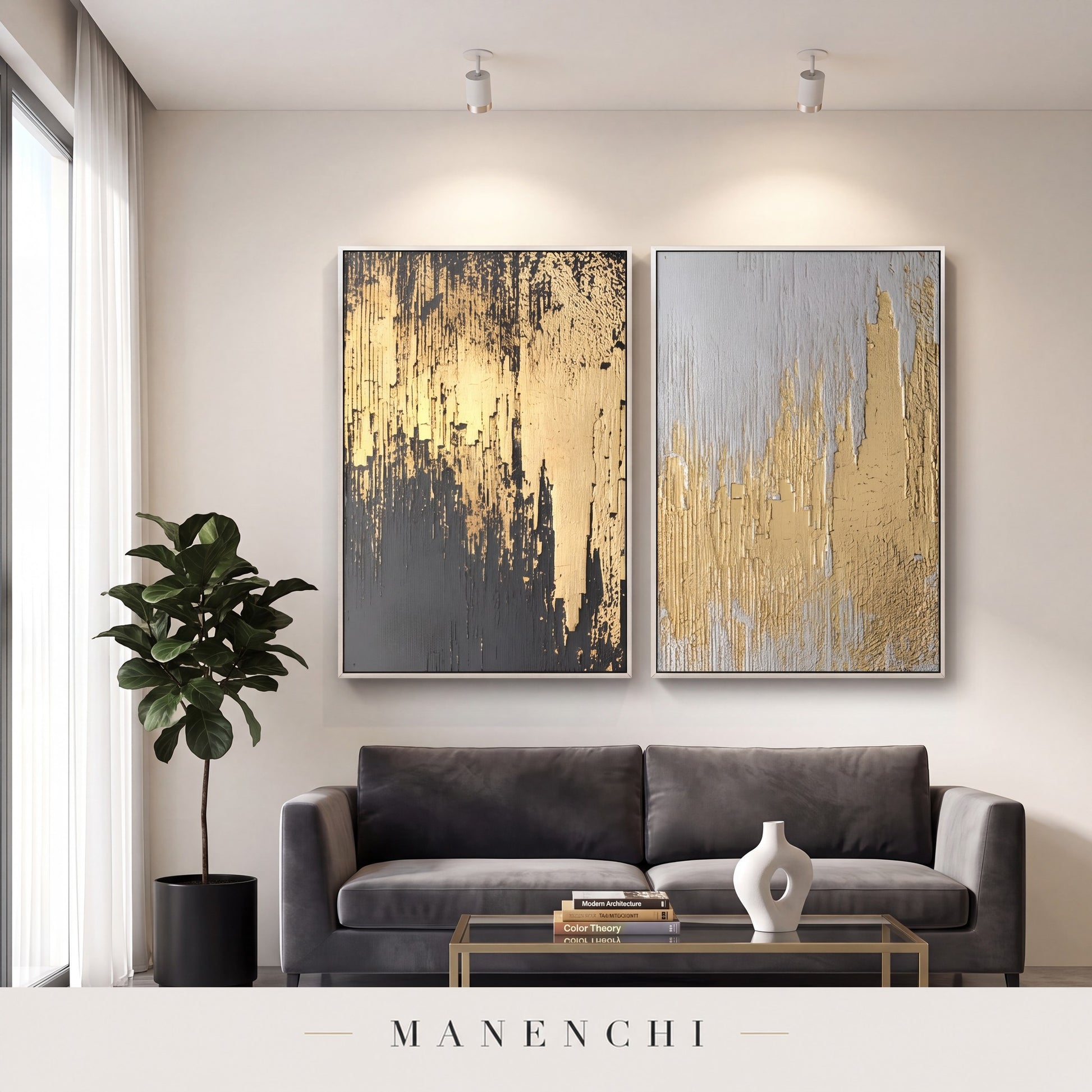 Golden Alchemy abstract painting displayed in a modern living room