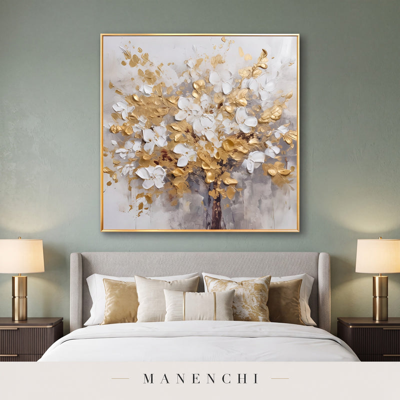 Golden Bloom abstract painting displayed in a modern bedroom