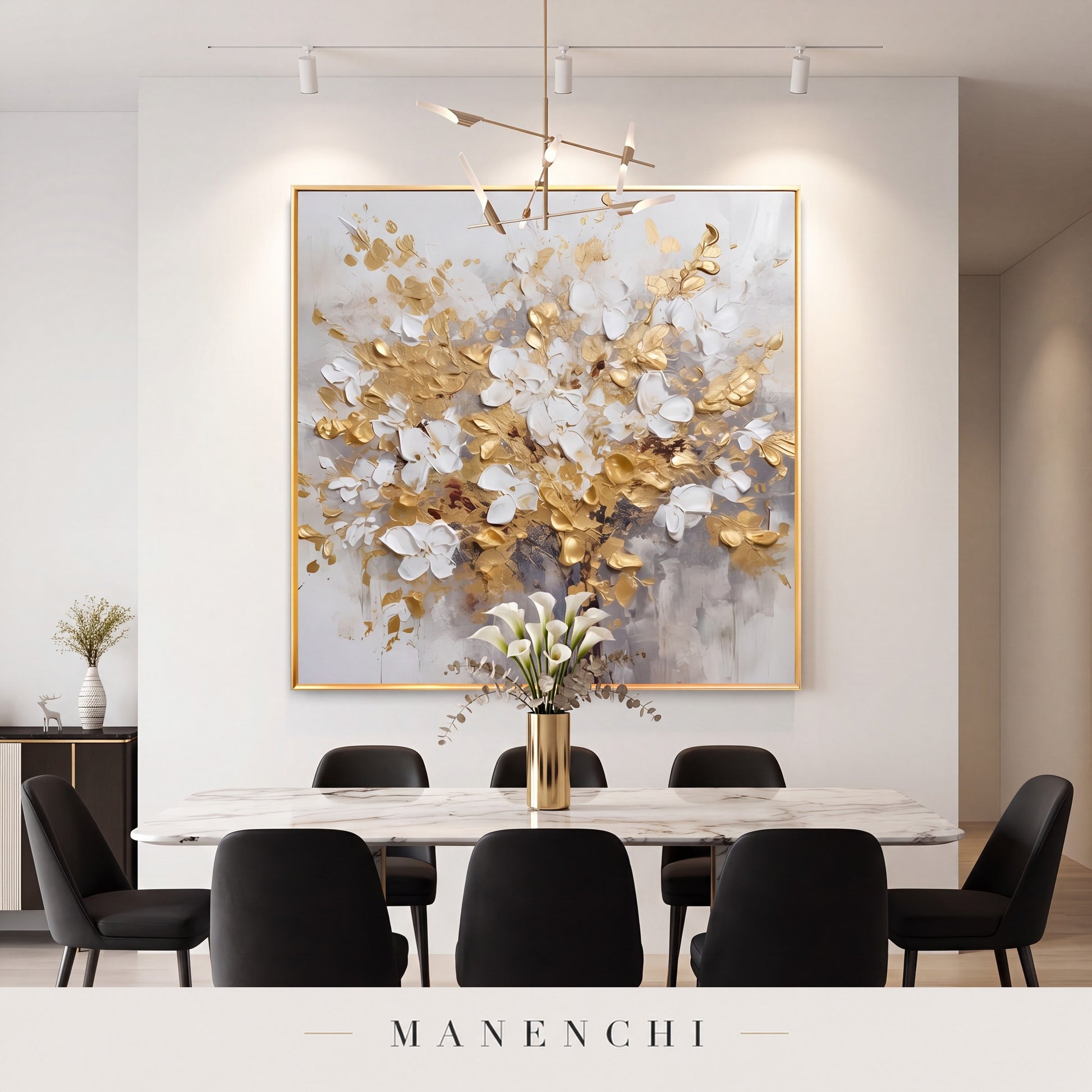 Golden Bloom abstract painting displayed in a dining room