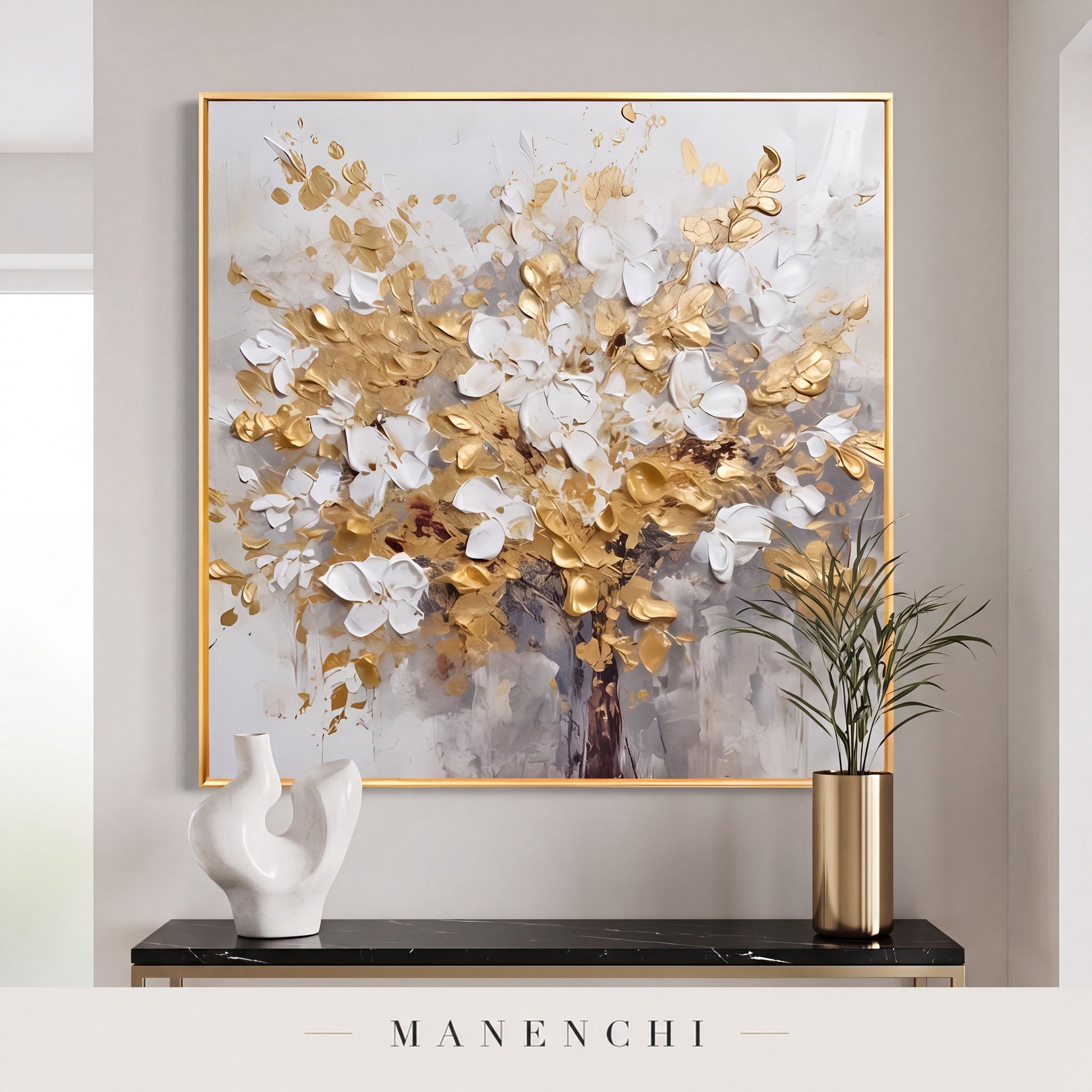 Golden Bloom abstract painting displayed in an entryway