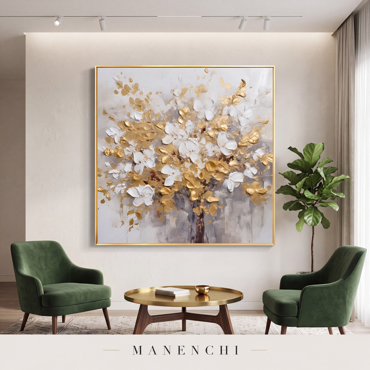 Golden Bloom abstract painting displayed in a gallery setting