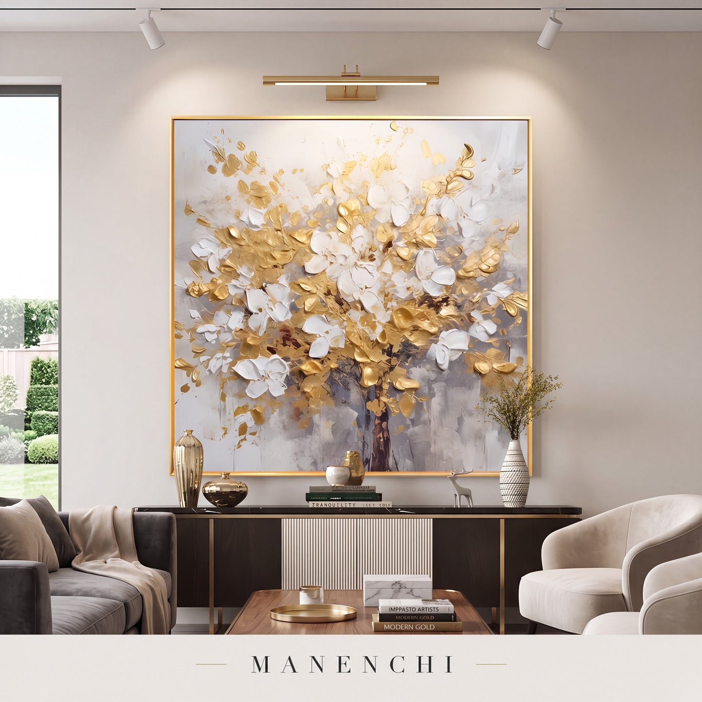 Golden Bloom abstract painting displayed in a modern living room