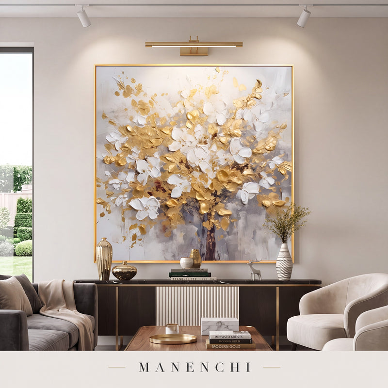 Golden Bloom abstract painting displayed in a modern living room