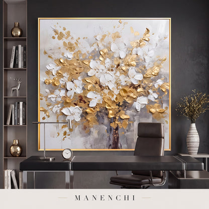 Golden Bloom abstract painting displayed in a study