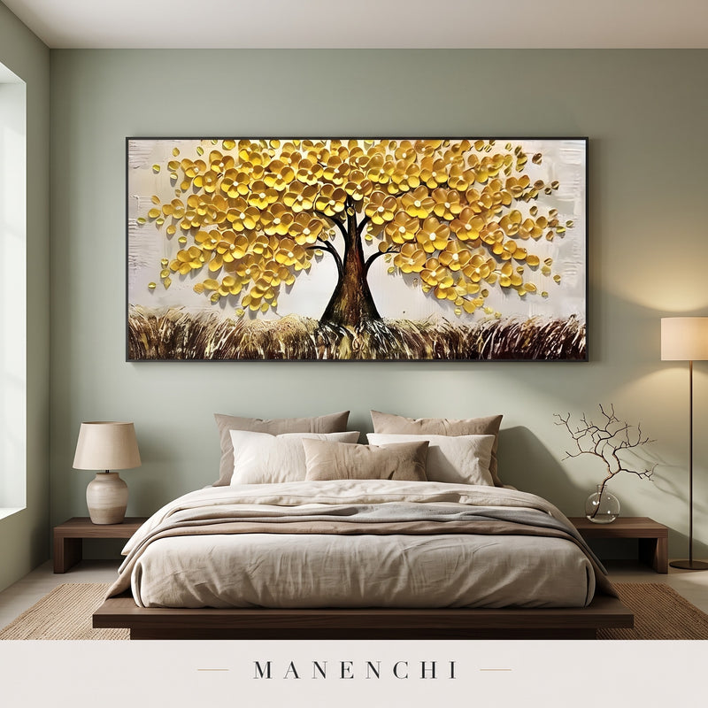 Golden Canopy abstract painting displayed in a modern bedroom