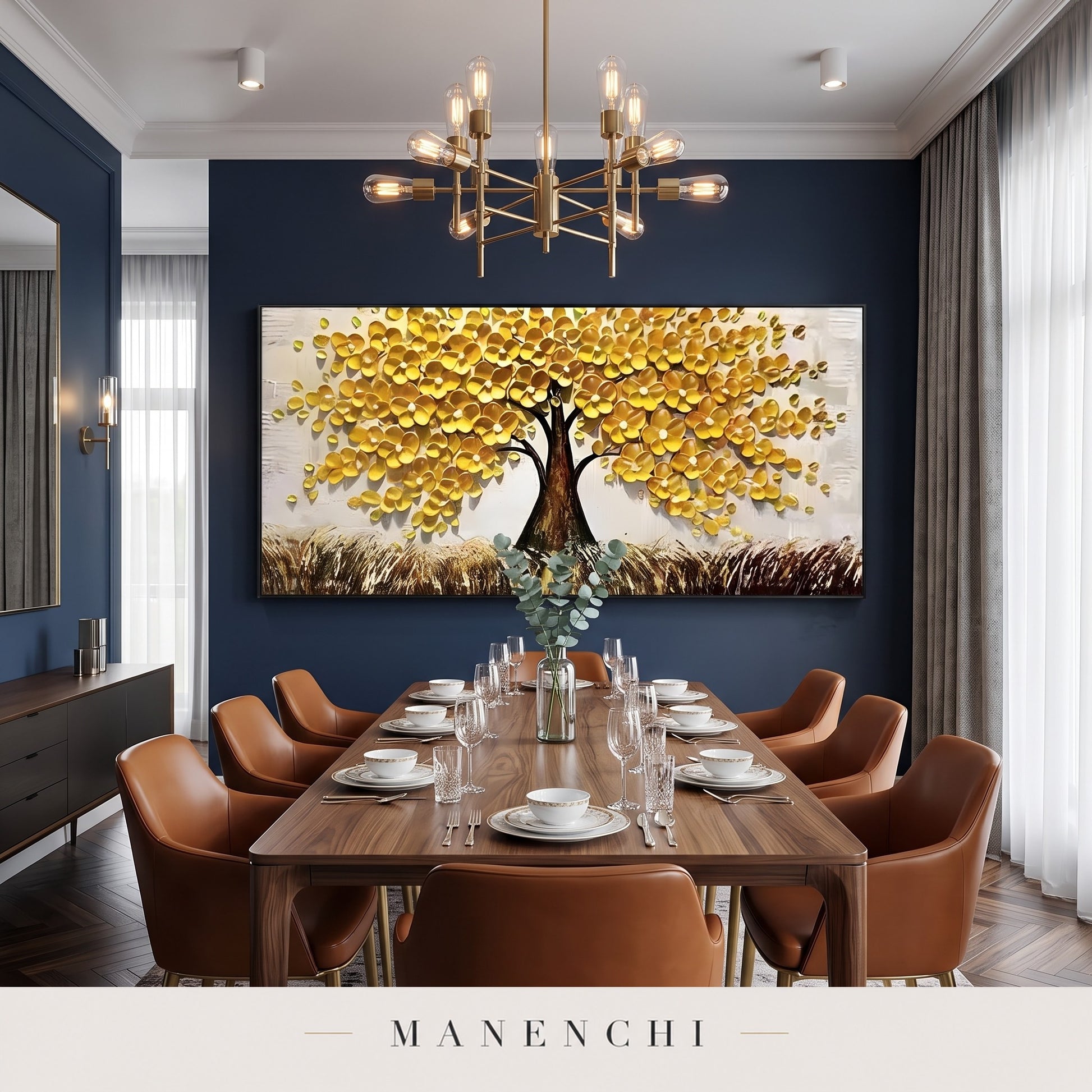 Golden Canopy abstract painting displayed in a dining room
