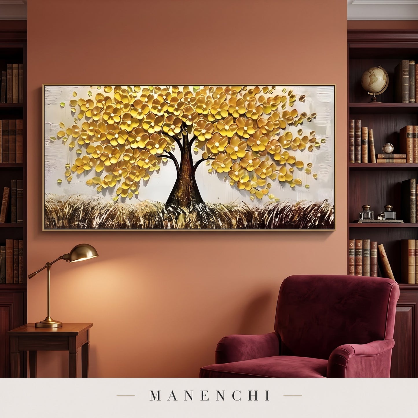 Golden Canopy abstract painting displayed in a library