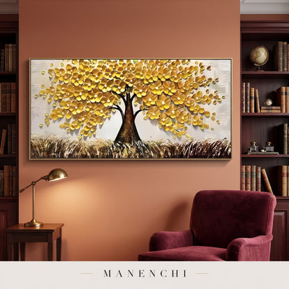 Golden Canopy abstract painting displayed in a library