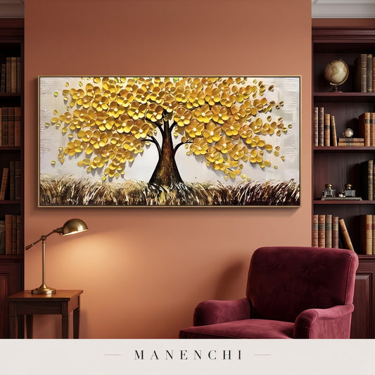 Golden Canopy abstract painting displayed in a library