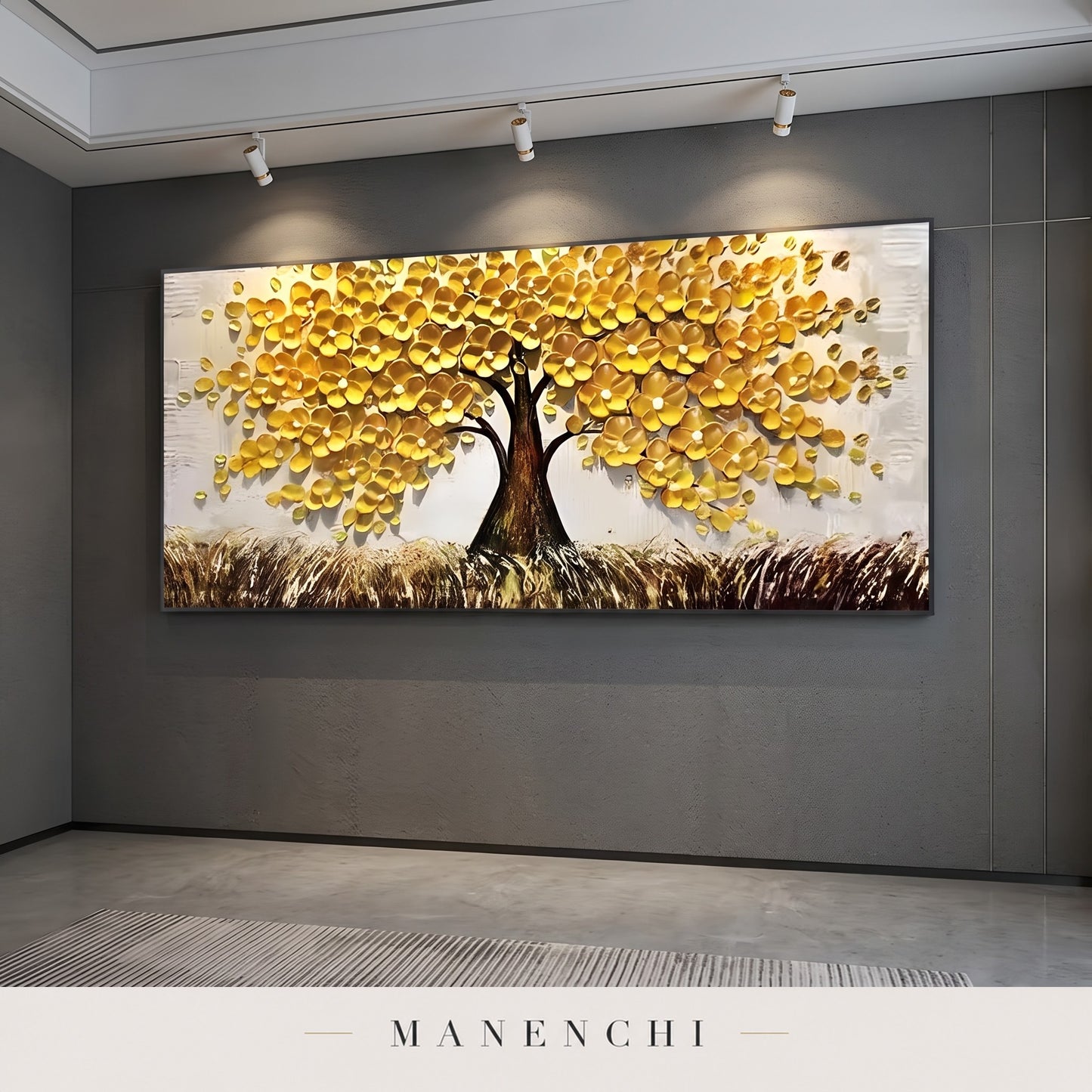 Golden Canopy abstract painting displayed in a modern living room