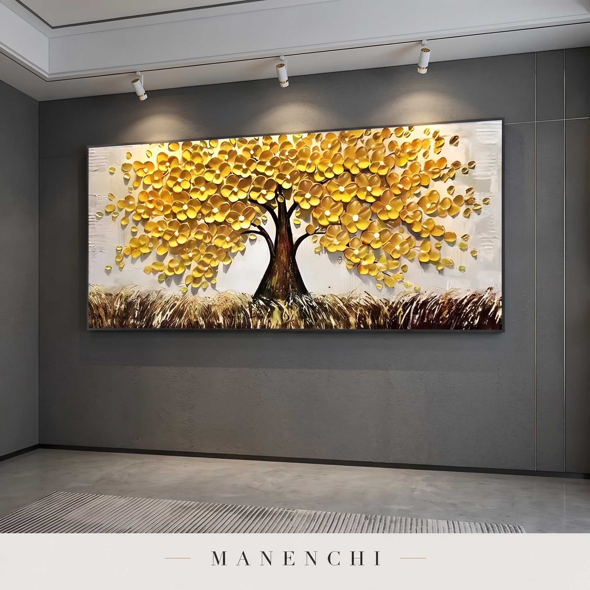 Golden Canopy abstract painting displayed in a modern living room