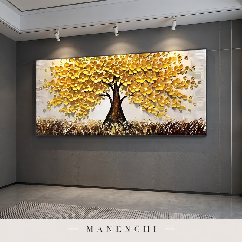 Golden Canopy abstract painting displayed in a modern living room
