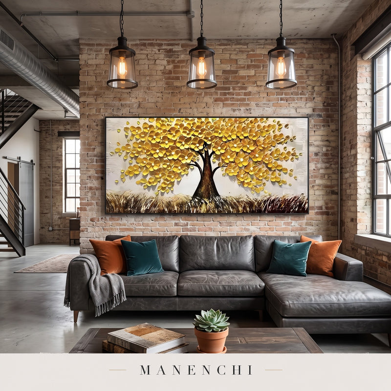 Golden Canopy abstract painting displayed in a loft