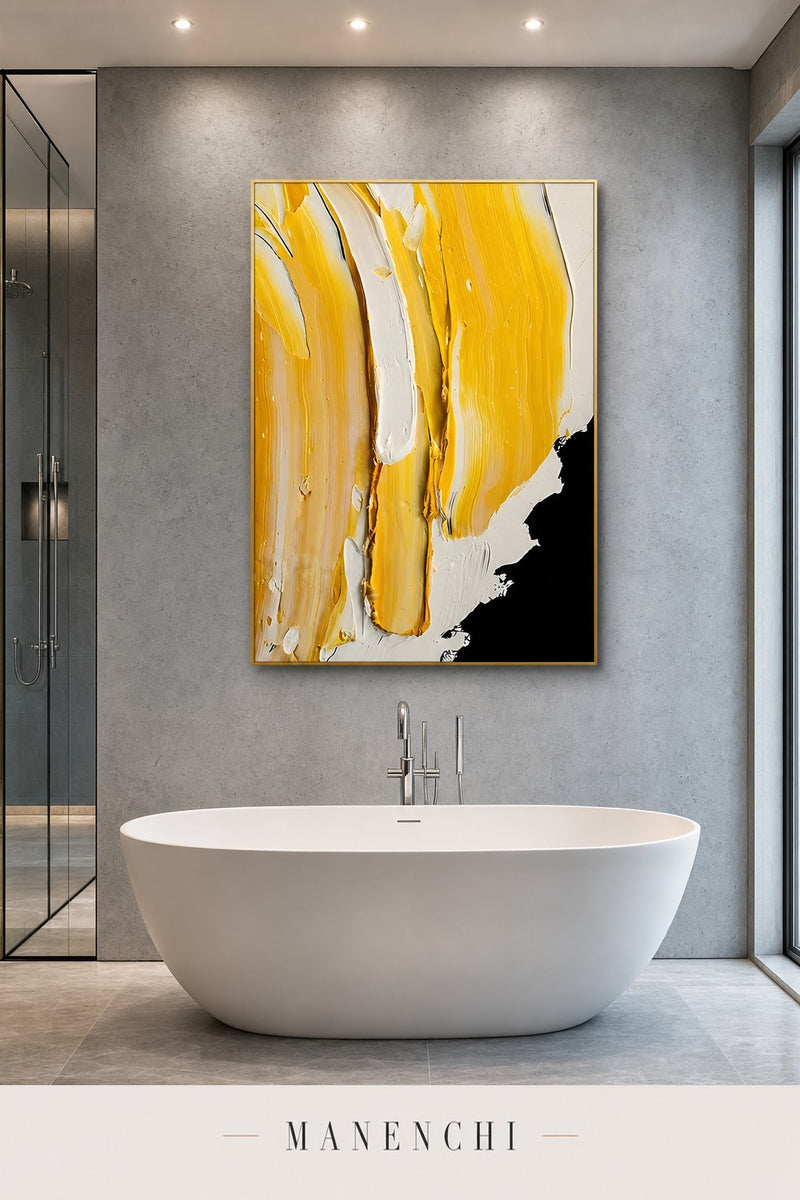 Golden Embers abstract painting displayed in bathroom