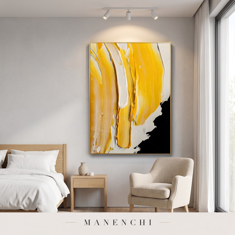 Golden Embers abstract painting displayed in a modern bedroom