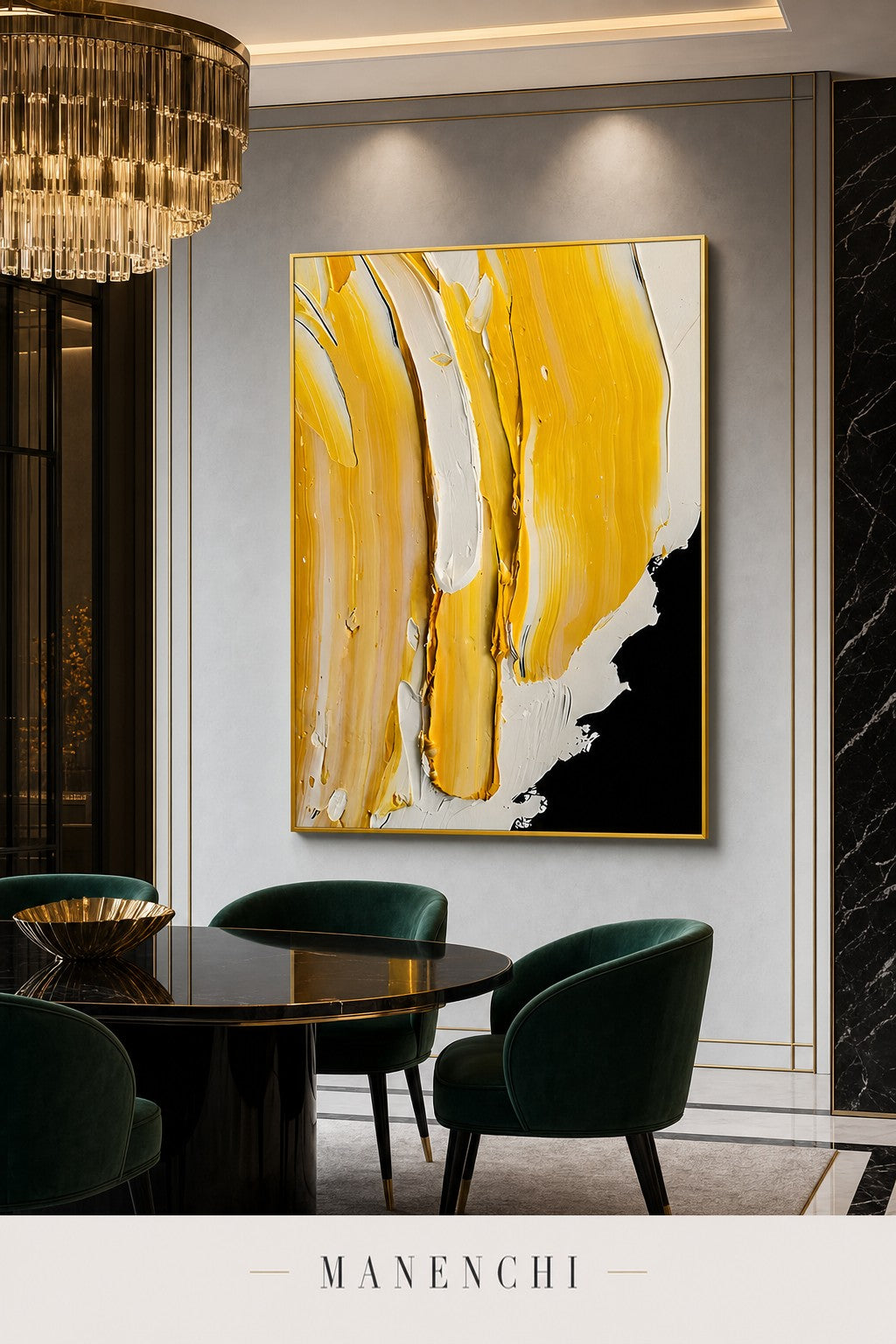 Golden Embers abstract painting displayed in a dining room