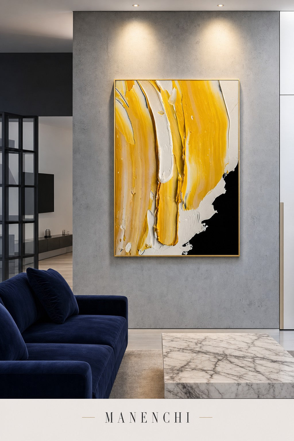 Golden Embers abstract painting displayed in a modern living room