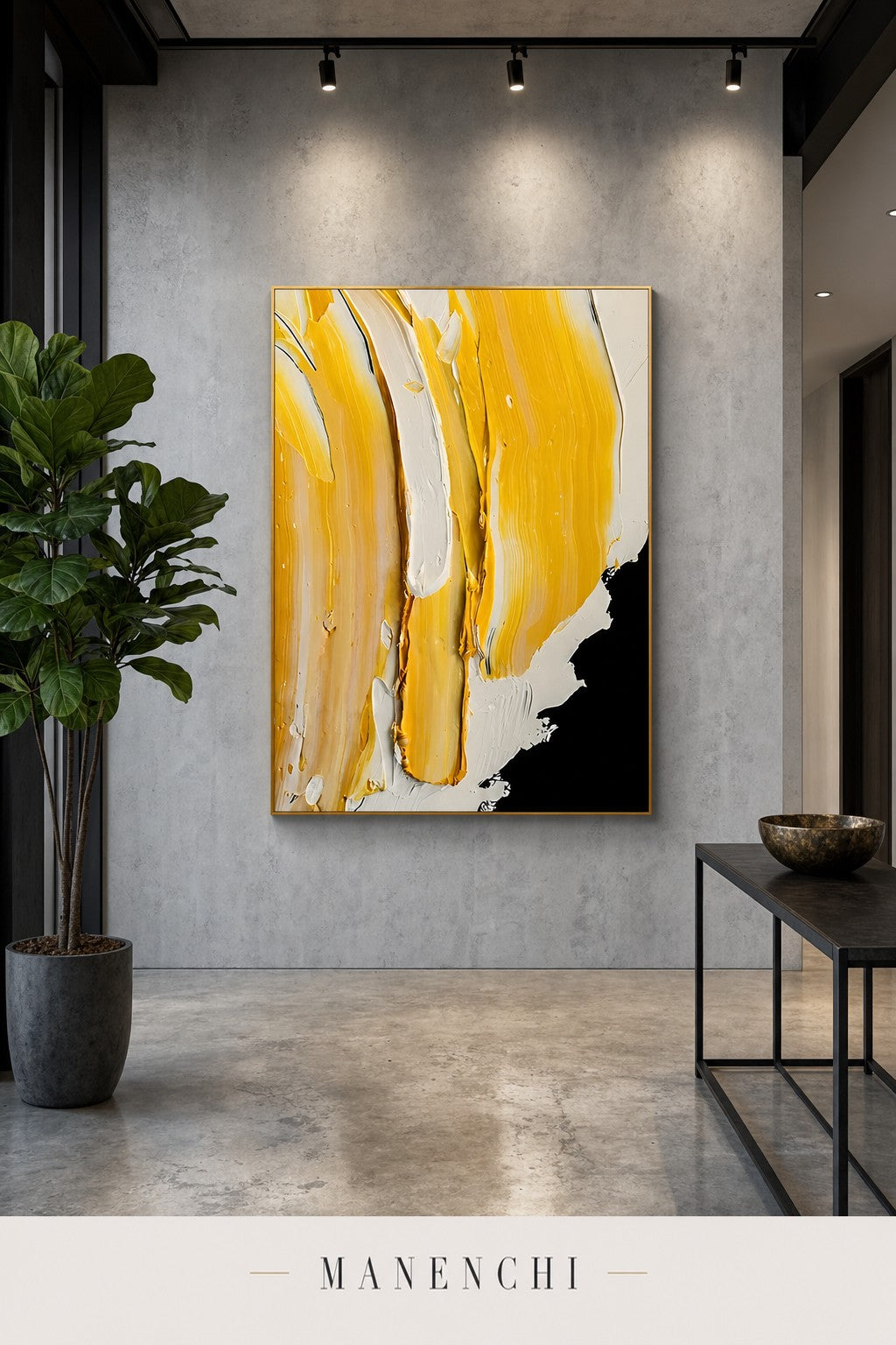 Golden Embers abstract painting displayed in a loft