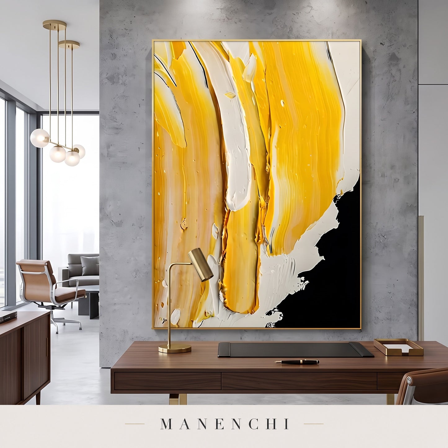 Golden Embers abstract painting displayed in a study
