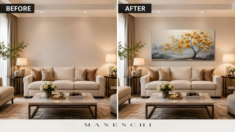 Golden Gilded Canopy original hand-painted artwork, before and after in a styled room