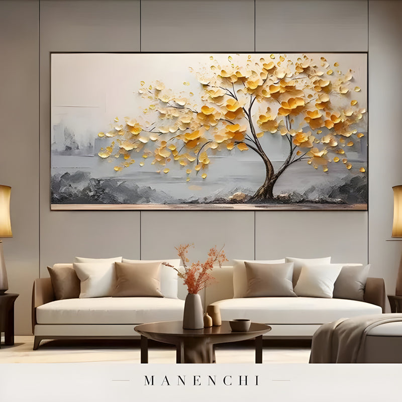 Golden Gilded Canopy abstract painting displayed in living room display