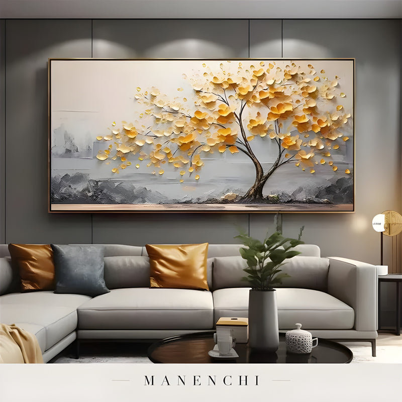 Golden Gilded Canopy abstract painting displayed in modern interior view