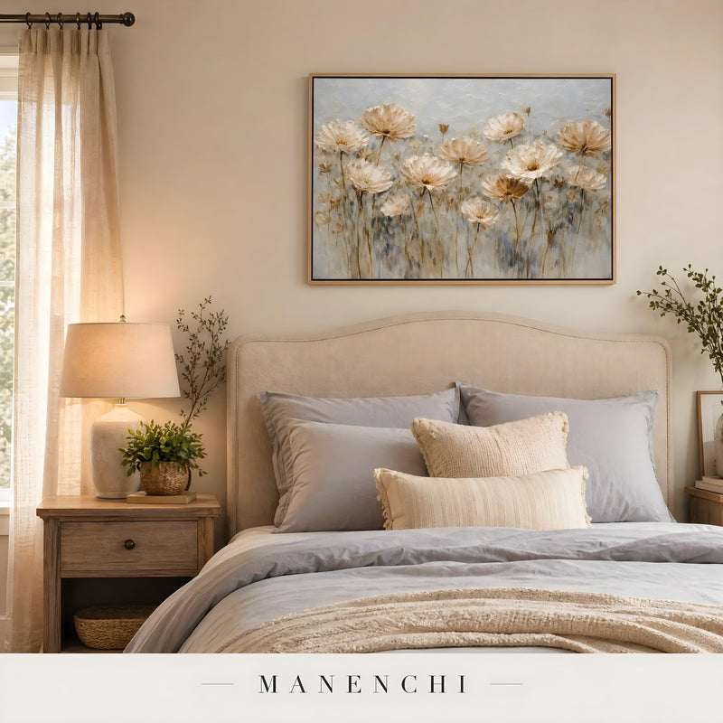 Golden Petal Meadow abstract painting displayed in bedroom interior design styling