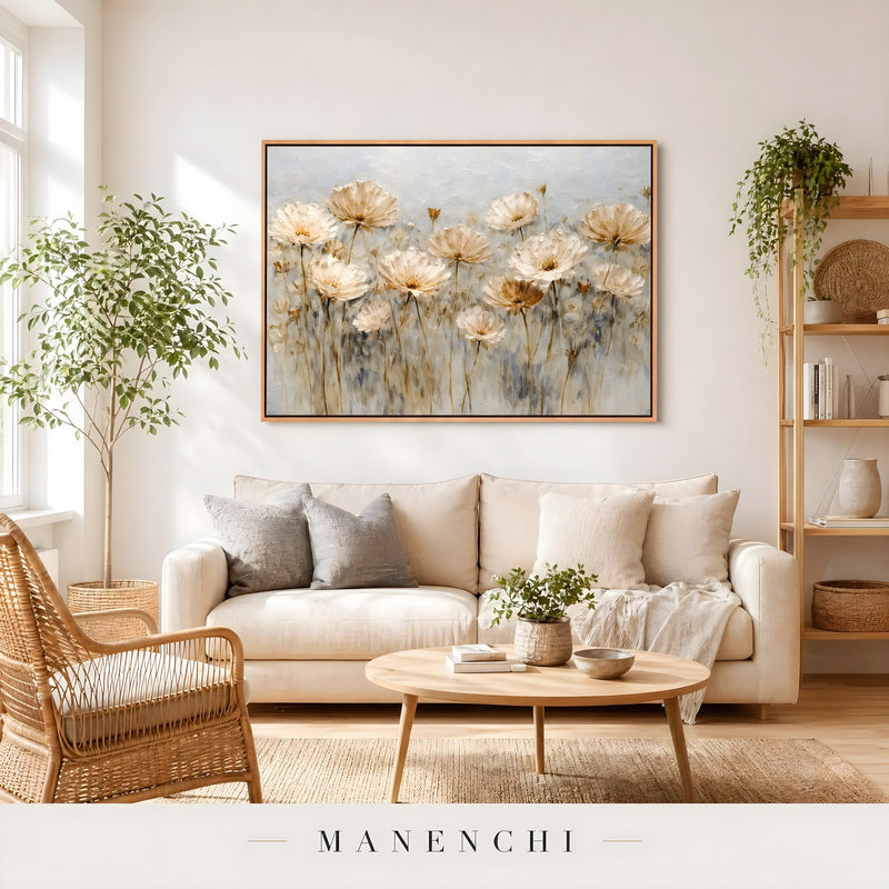 Golden Petal Meadow abstract painting displayed in bright living room setup