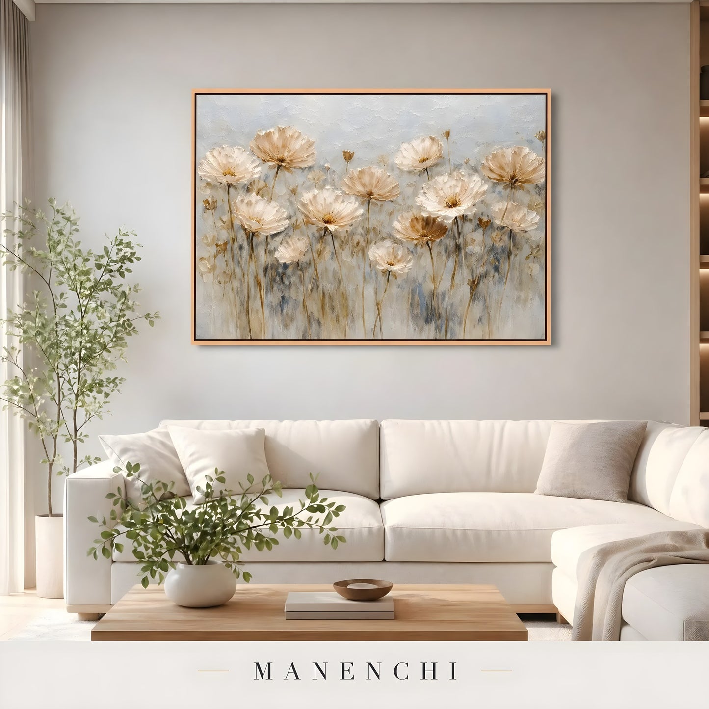Golden Petal Meadow abstract painting displayed in living room sofa display