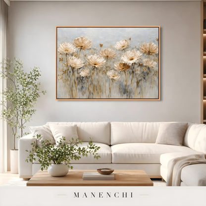 Golden Petal Meadow abstract painting displayed in living room sofa display