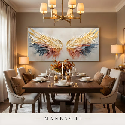 Golden Winged Ascension abstract painting displayed in dining room setting