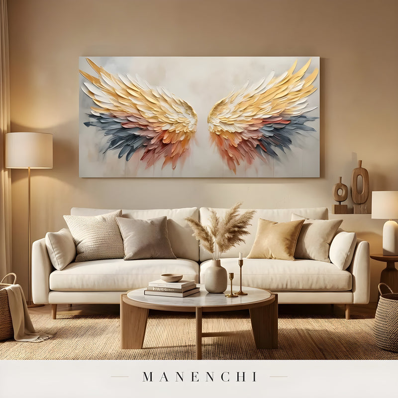 Golden Winged Ascension abstract painting displayed in living room display