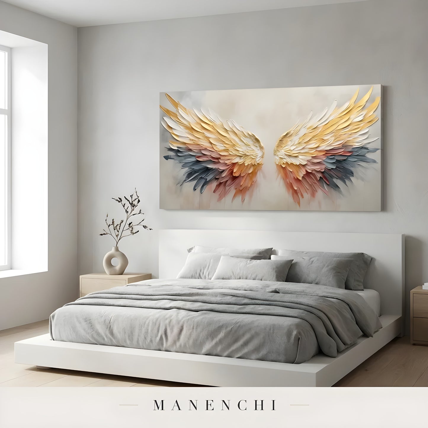 Golden Winged Ascension abstract painting displayed in modern bedroom decor