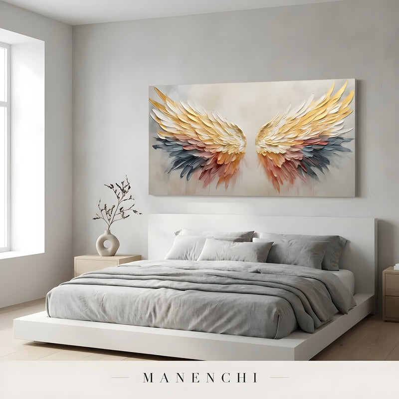 Golden Winged Ascension abstract painting displayed in modern bedroom decor