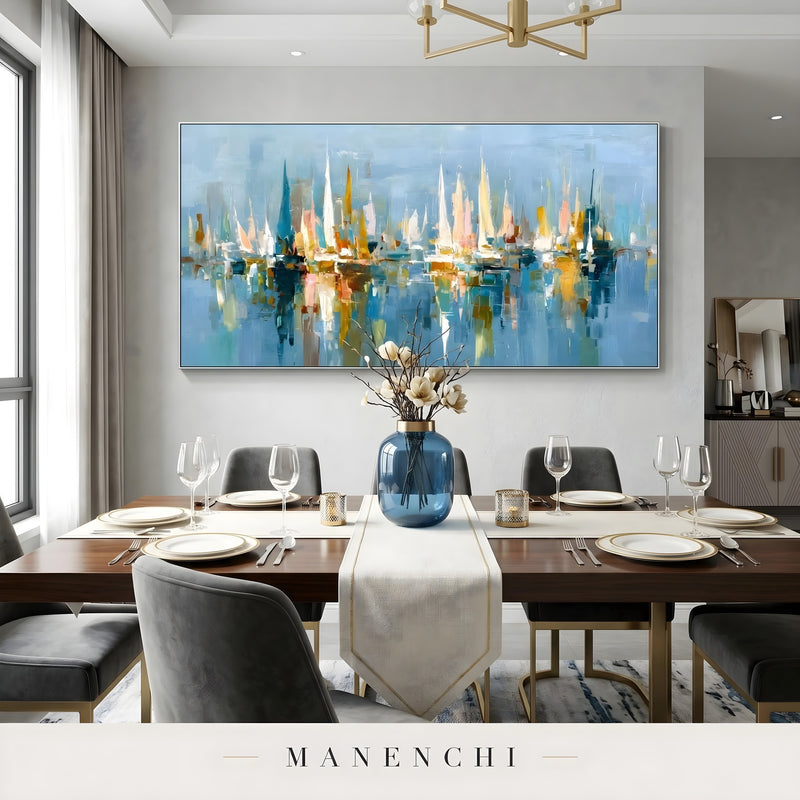 Harbor Mist abstract painting displayed in dining room