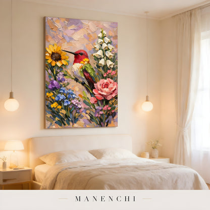 Hummingbird Garden Symphony abstract painting displayed in bedroom wall decor