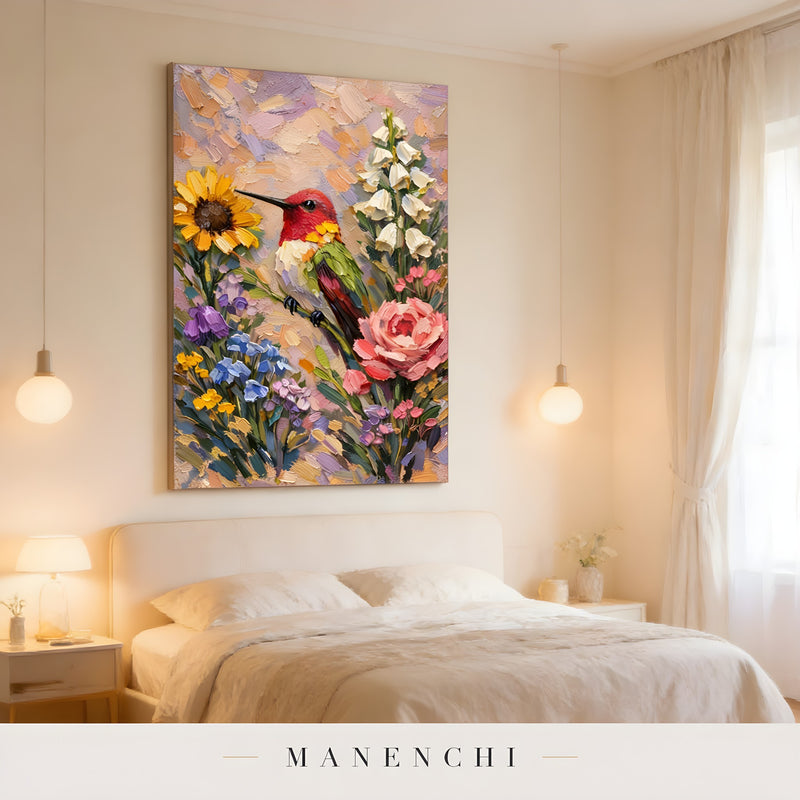 Hummingbird Garden Symphony abstract painting displayed in bedroom wall decor