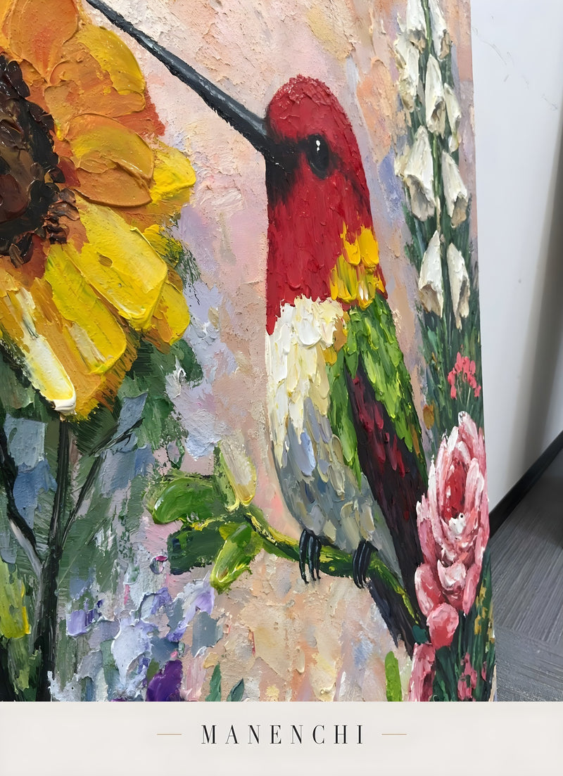 Close-up detail of the textured brushwork in Hummingbird Garden Symphony