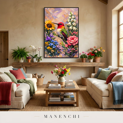 Hummingbird Garden Symphony abstract painting displayed in cozy living room decor