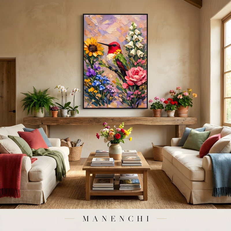 Hummingbird Garden Symphony abstract painting displayed in cozy living room decor