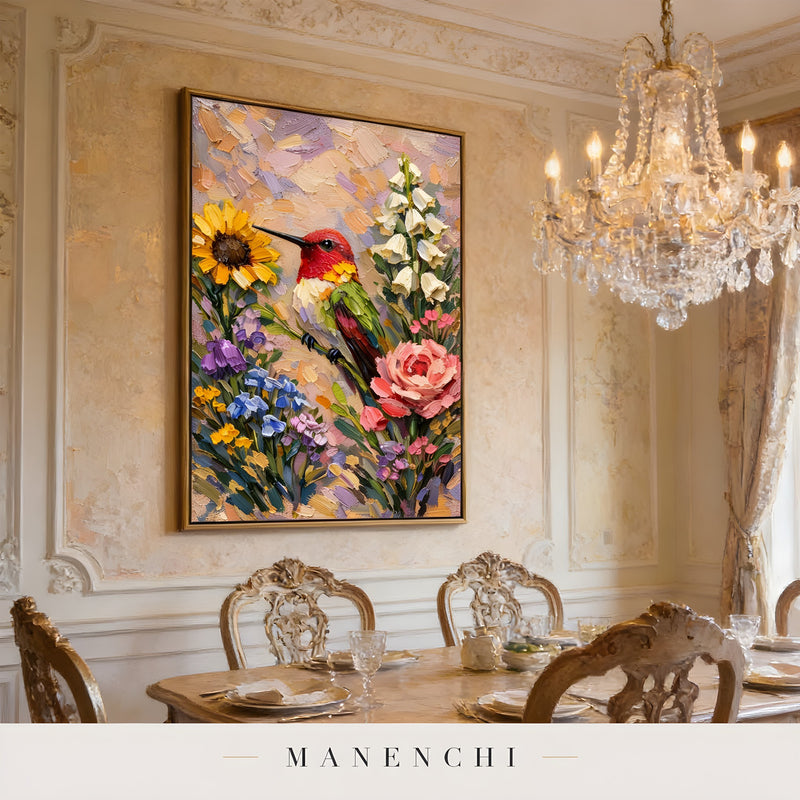 Hummingbird Garden Symphony abstract painting displayed in dining room wall art